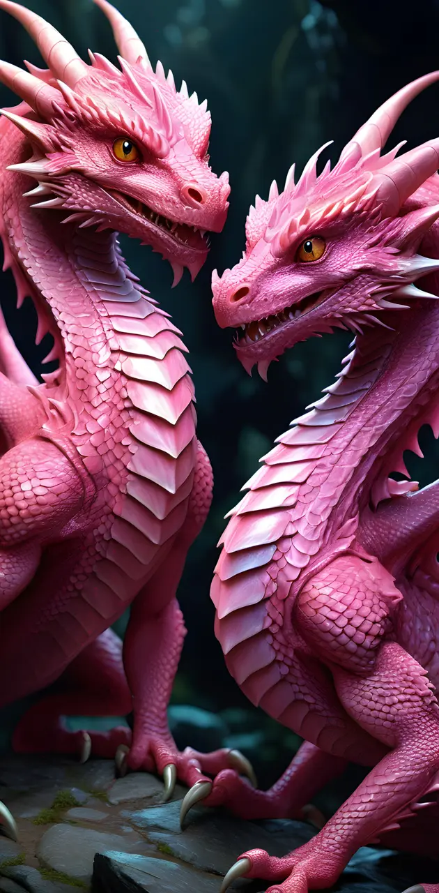 a group of pink dragon statues