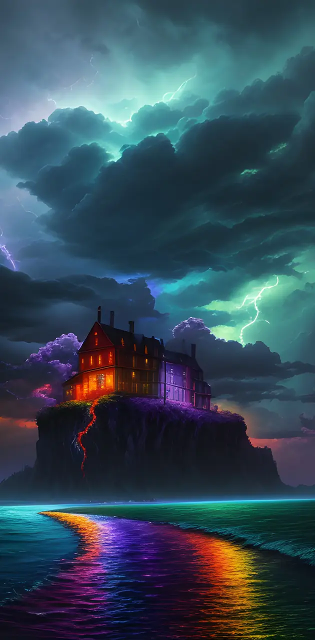 a castle on a cliff glowing color