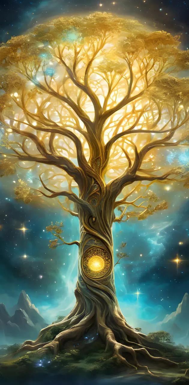 gold tree of life space background fantasy style