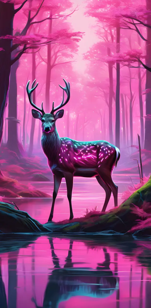 a deer in a neon forest
