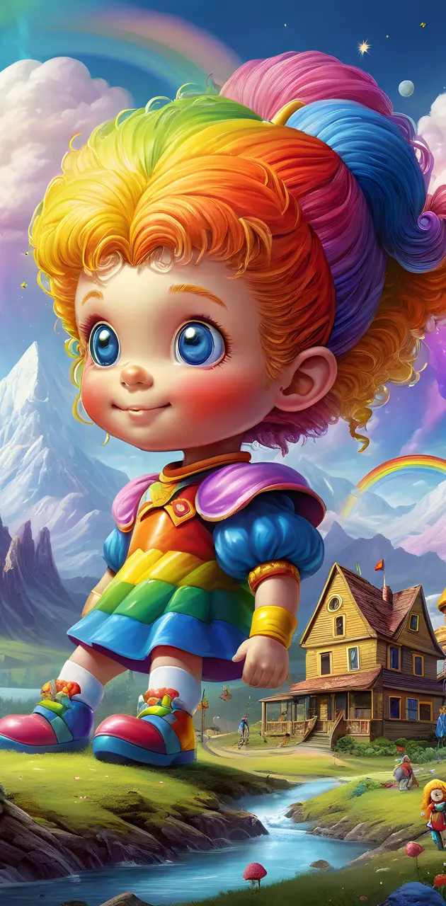 a cartoon of a girl with a rainbow and a house in the background