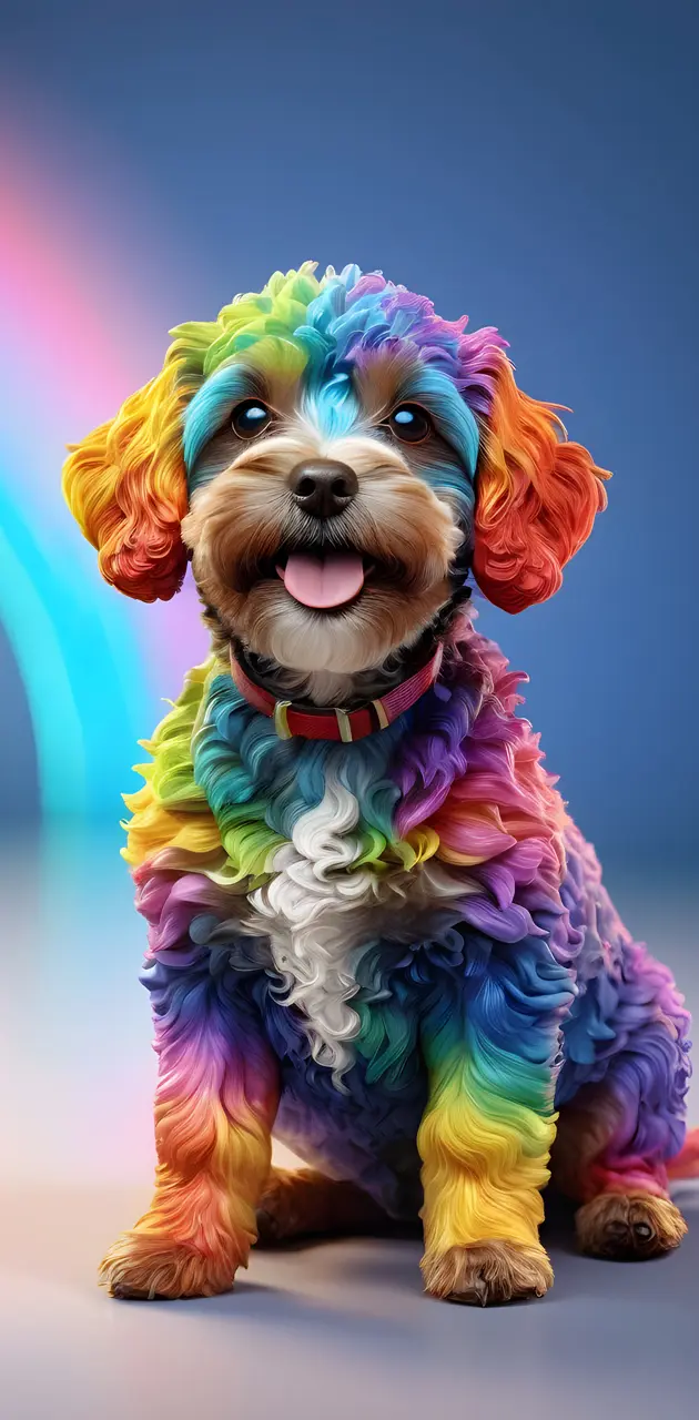 a dog wearing a rainbow