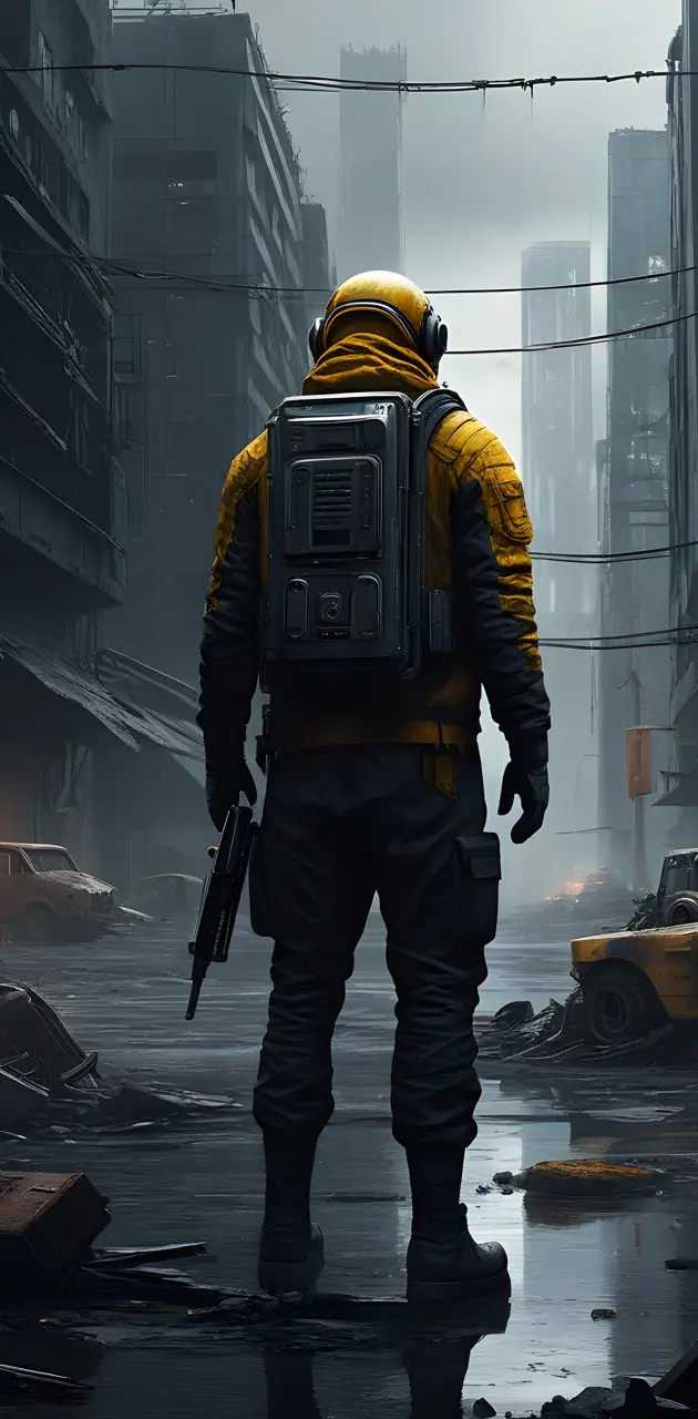 a pe
rson in a yellow jacket and black pants holding a gun