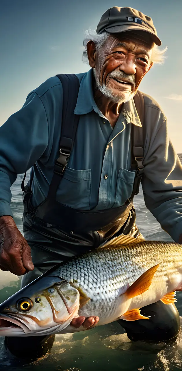 elderly man who catches fish in the ocean