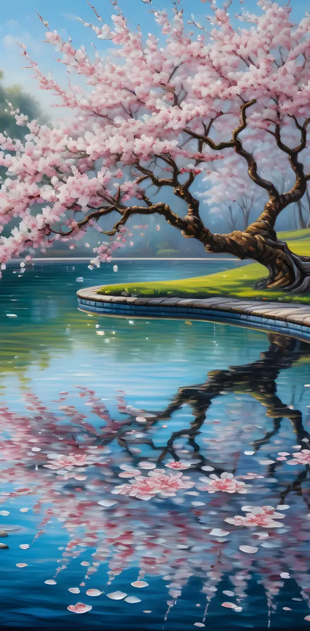 a cherry blossom tree next to a body of water