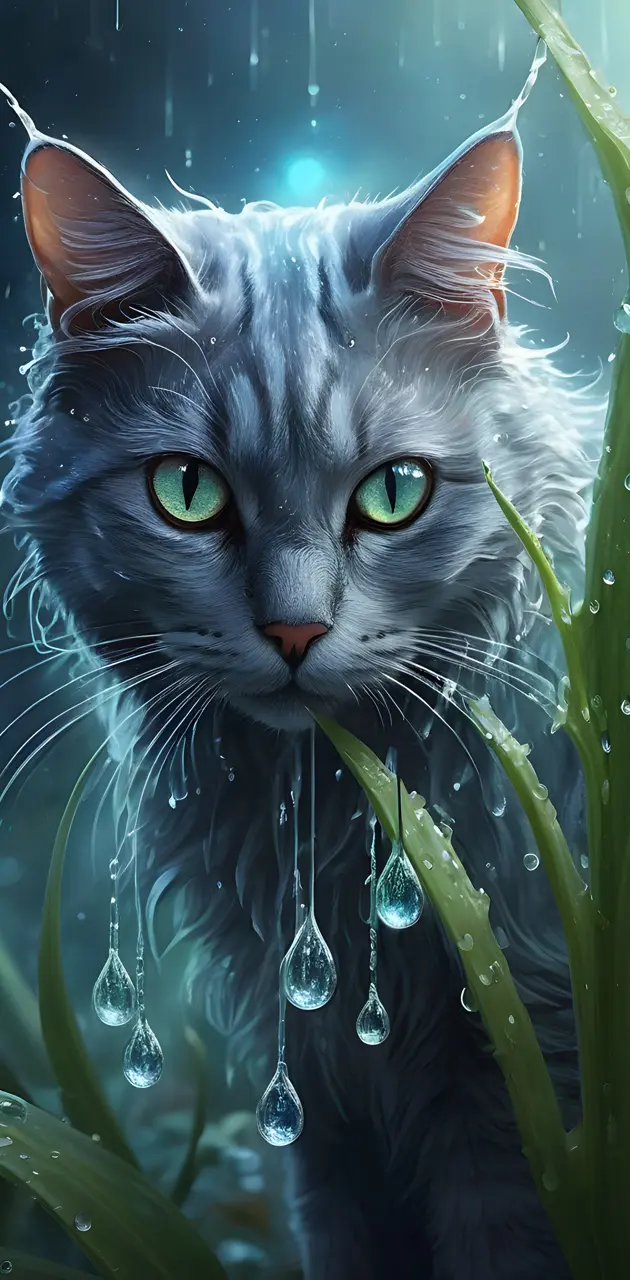 a cat with water droplets on its head