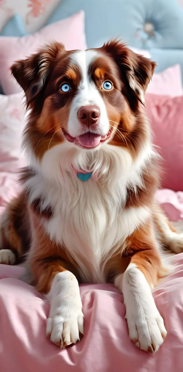 Red merle aussy on pink bed