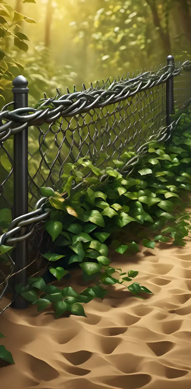 a black metal fence with green leaves