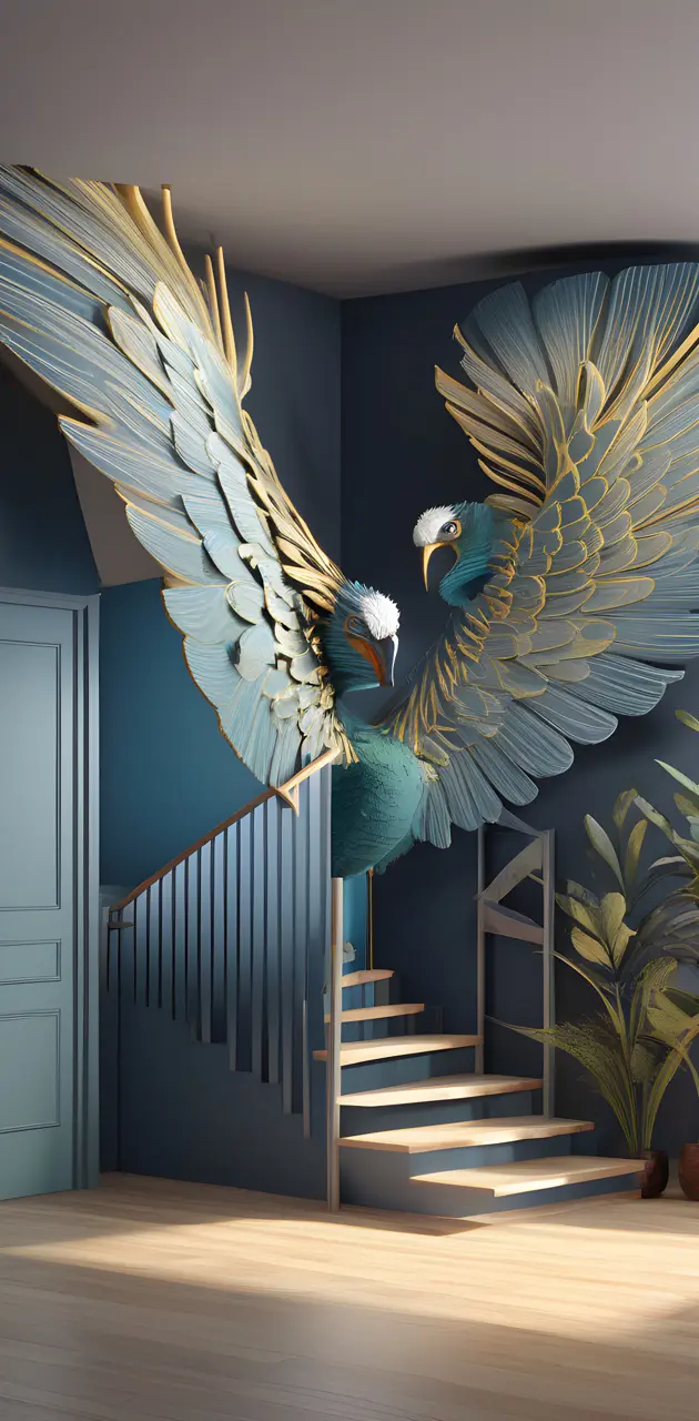 a blue bird on a staircase