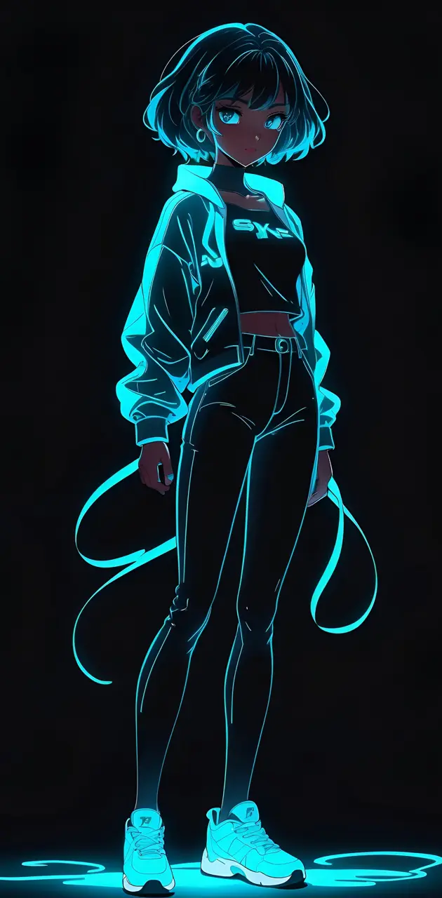 Neon cyan outline and black full body anime girl super syain