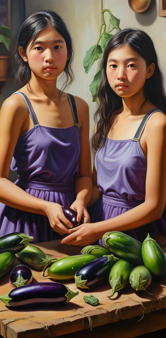 Young girls harvesting eggplants
