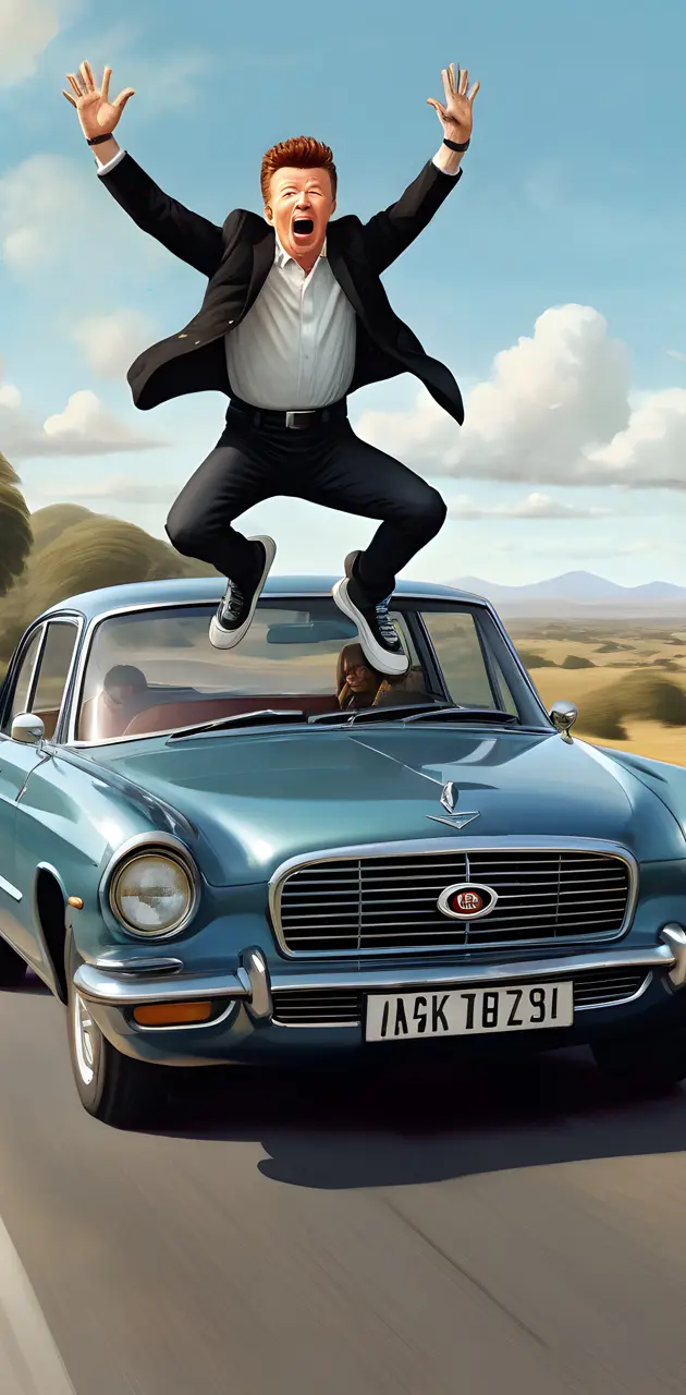 Rick astley jumping on a car