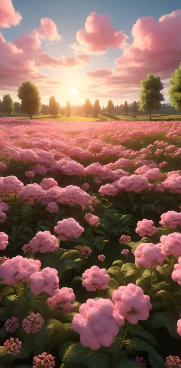 a field of pink flowers