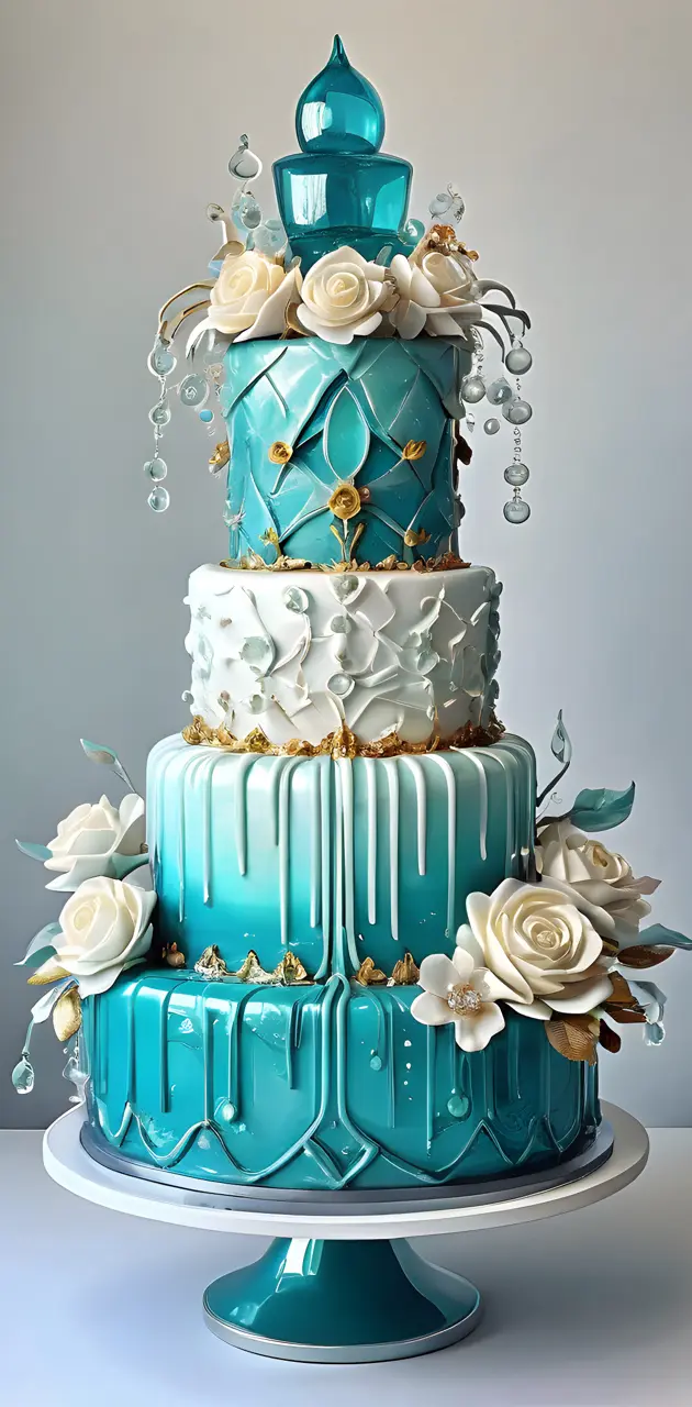 a cake with a blue and white theme