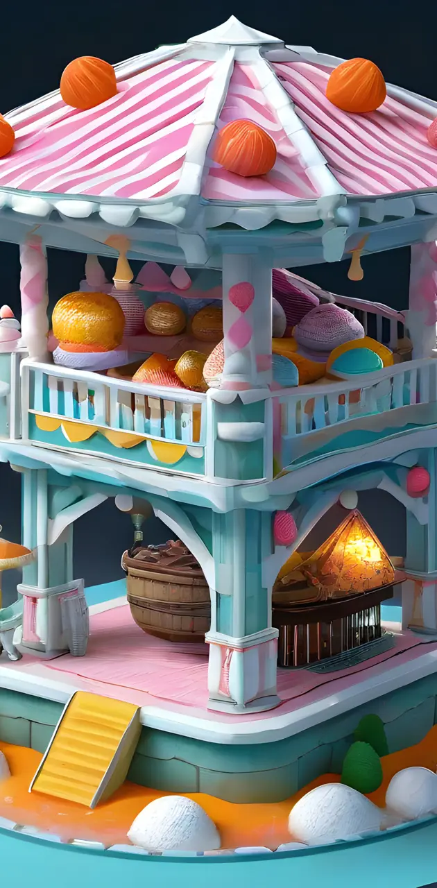 a toy house with a basket and eggs