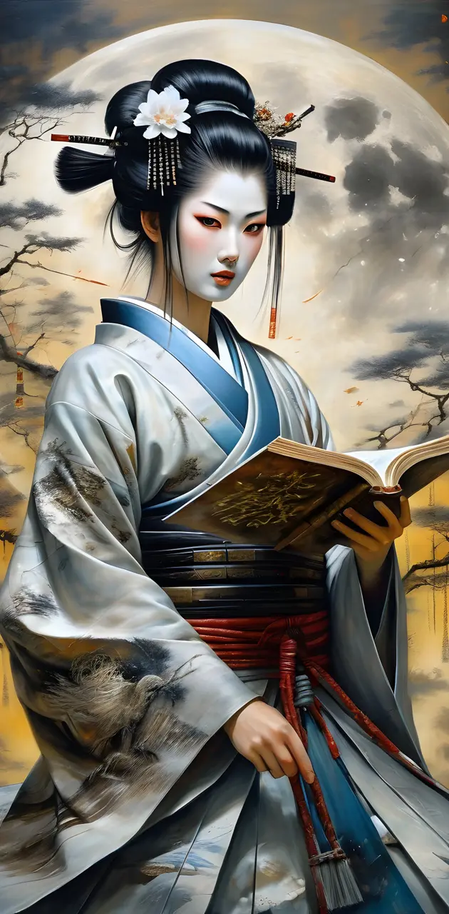 a painting of a beautiful samurai-geisha