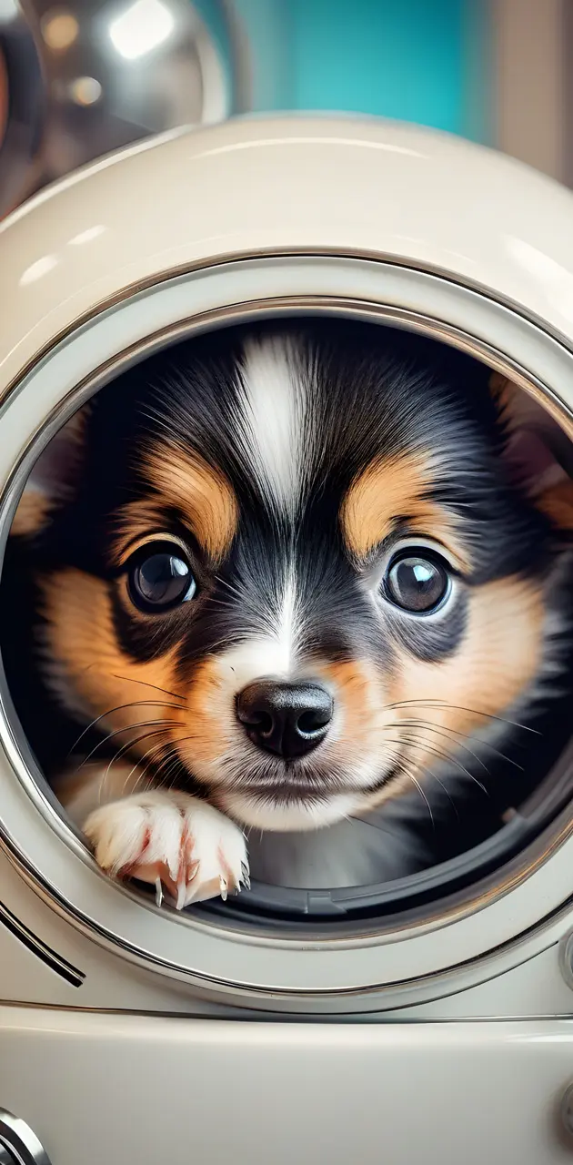 a dog looking through a hole