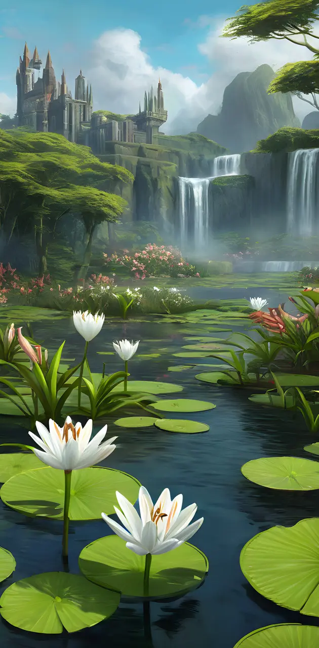 a pond with lily pads and a waterfall