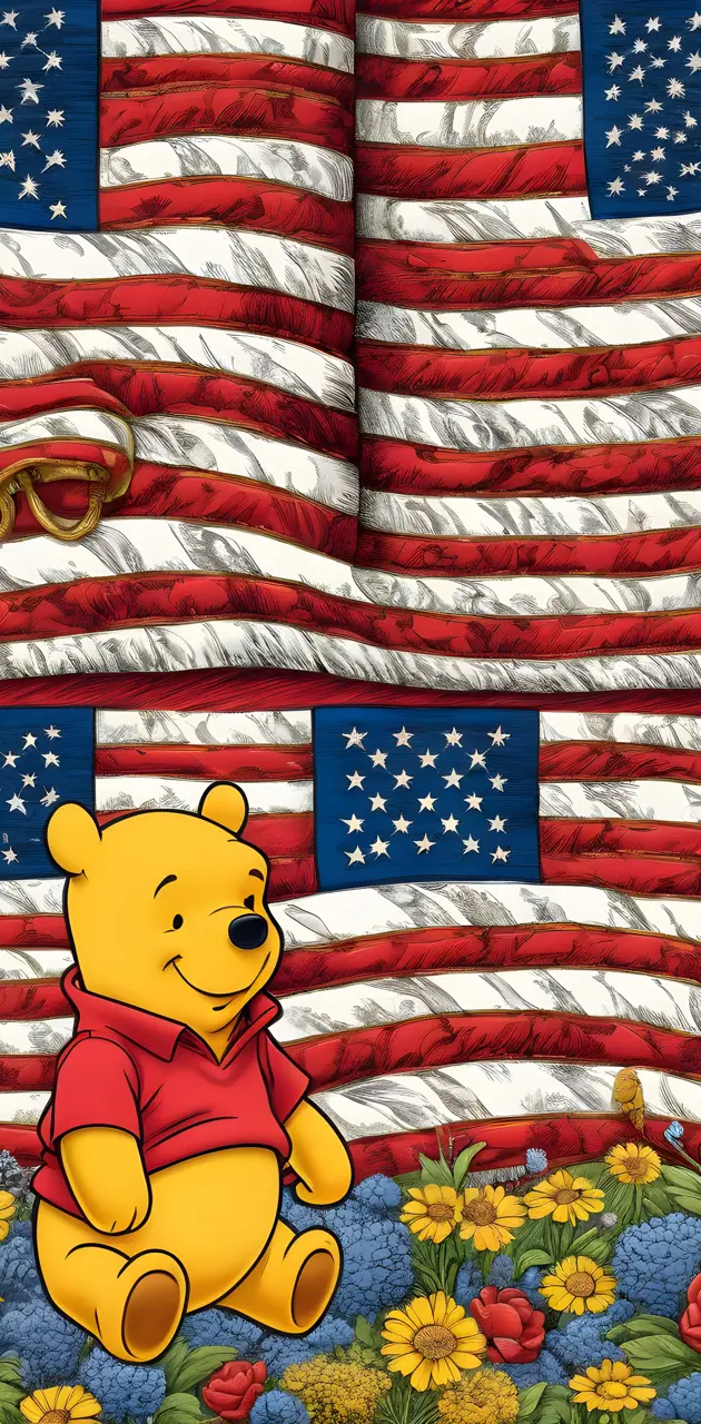 a stuffed bear in front of a flag