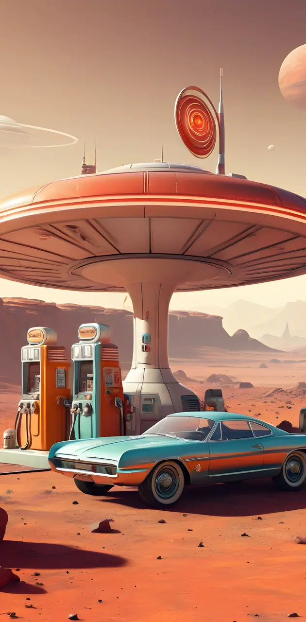 a car parked in front of gas station on mars
Mars