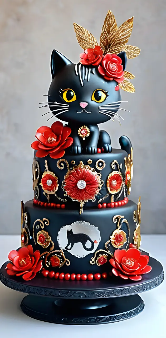 a cat cake with a cat on top