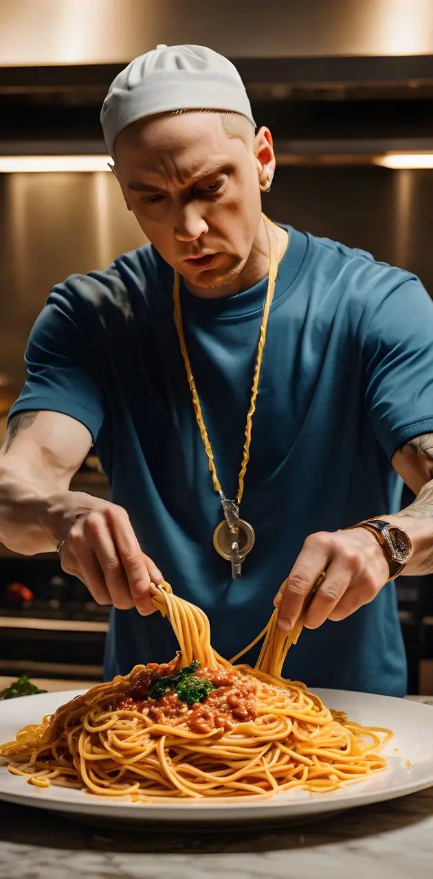 Eminem eating spaghetti for dinner