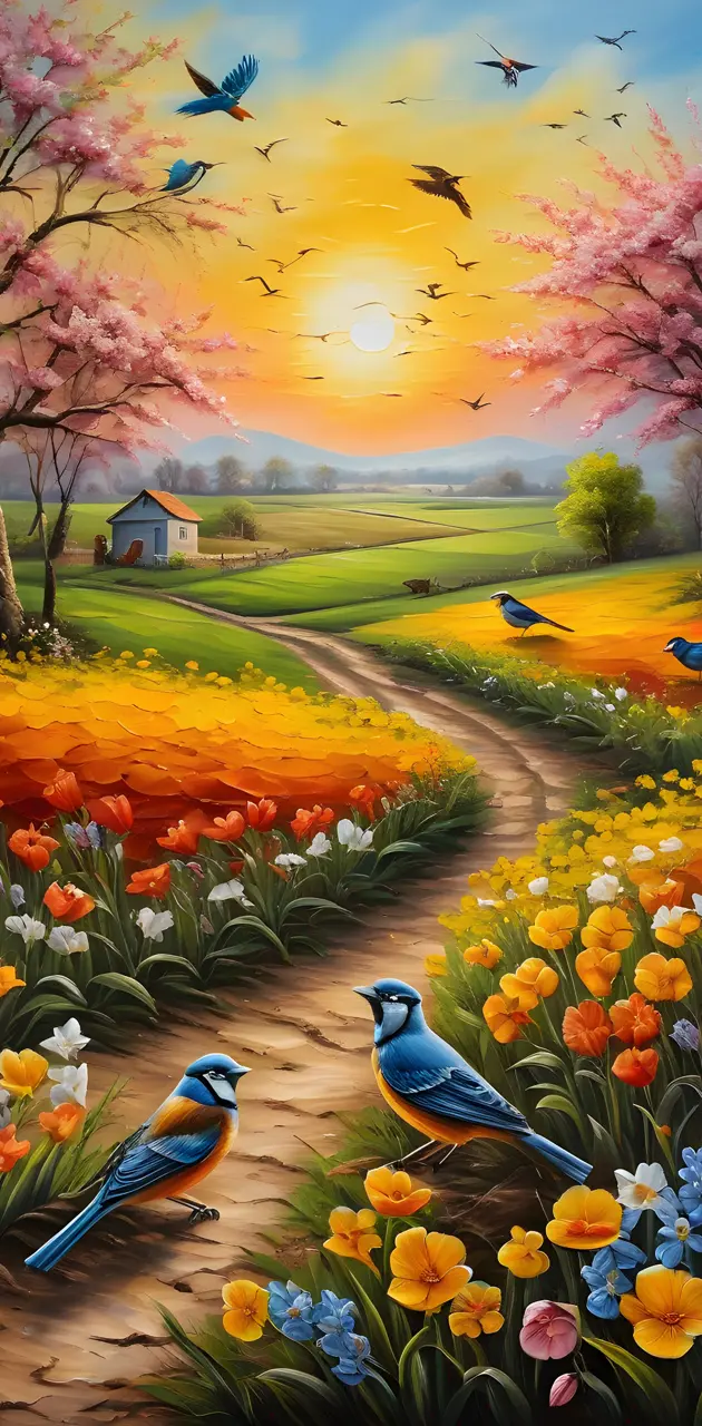 a field of flowers with birds