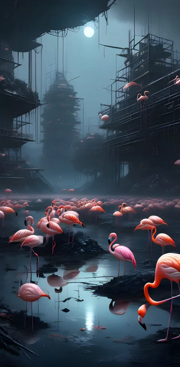 a group of flamingos in a pond