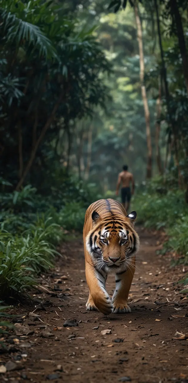 A alone man walk jungle attrack the tiger 