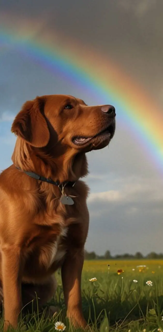 A dog with sky, rainbow, flower, butterfly flying, colorful