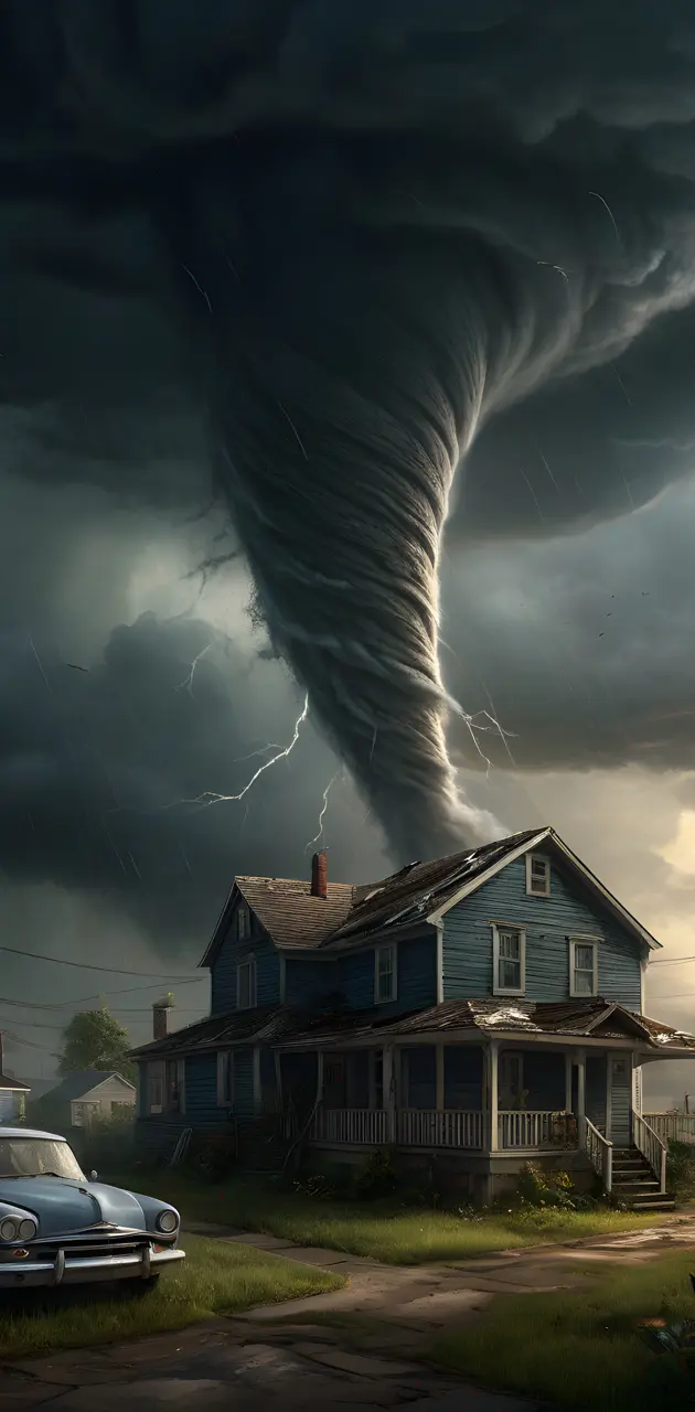 a house with a tornado in the background