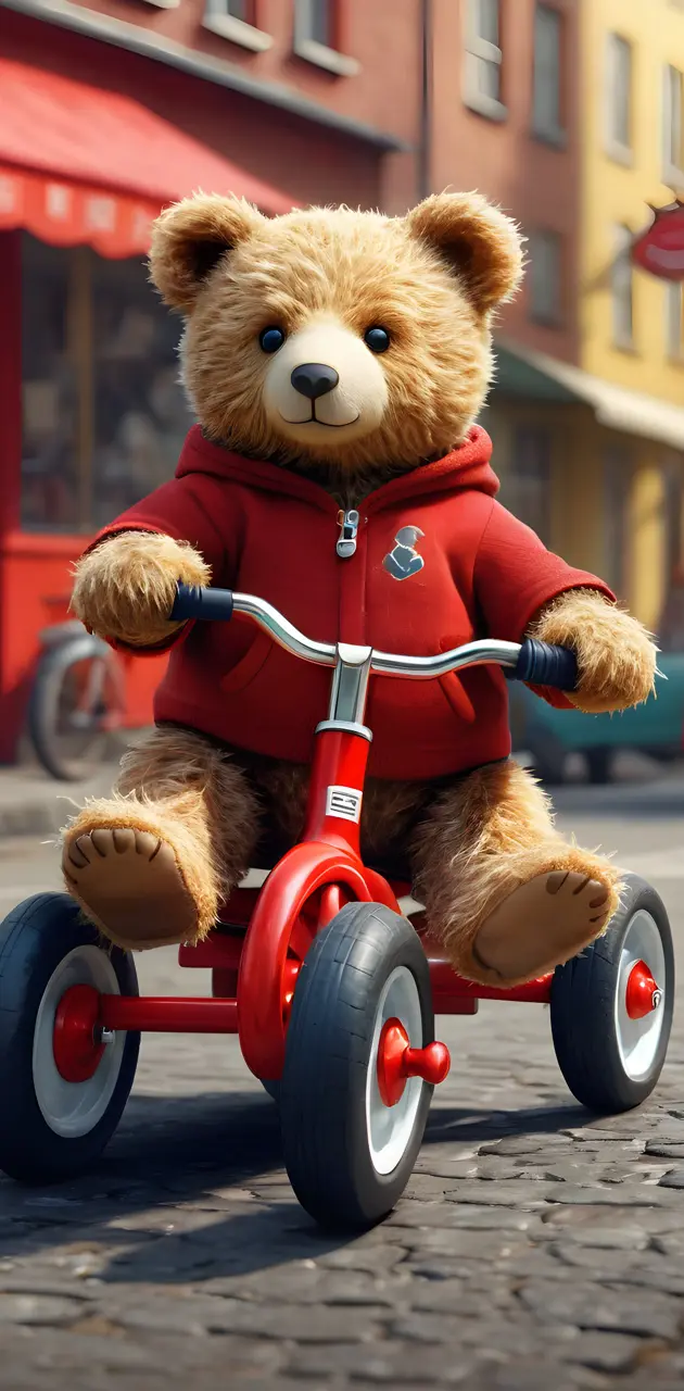 a teddy bear riding a small tricycle
