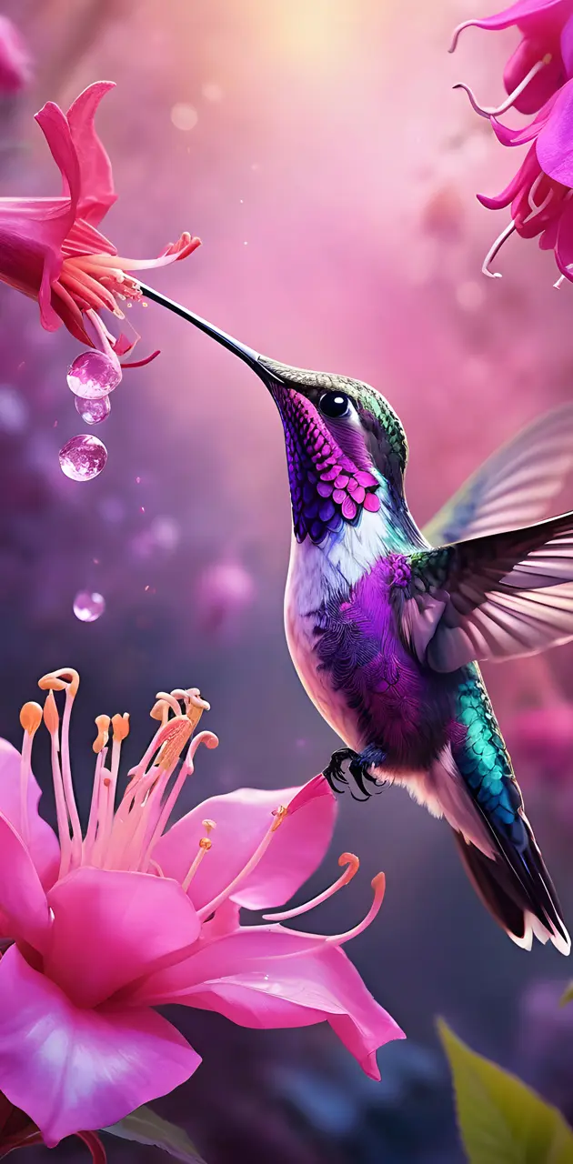a hummingbird flying near pink flowers