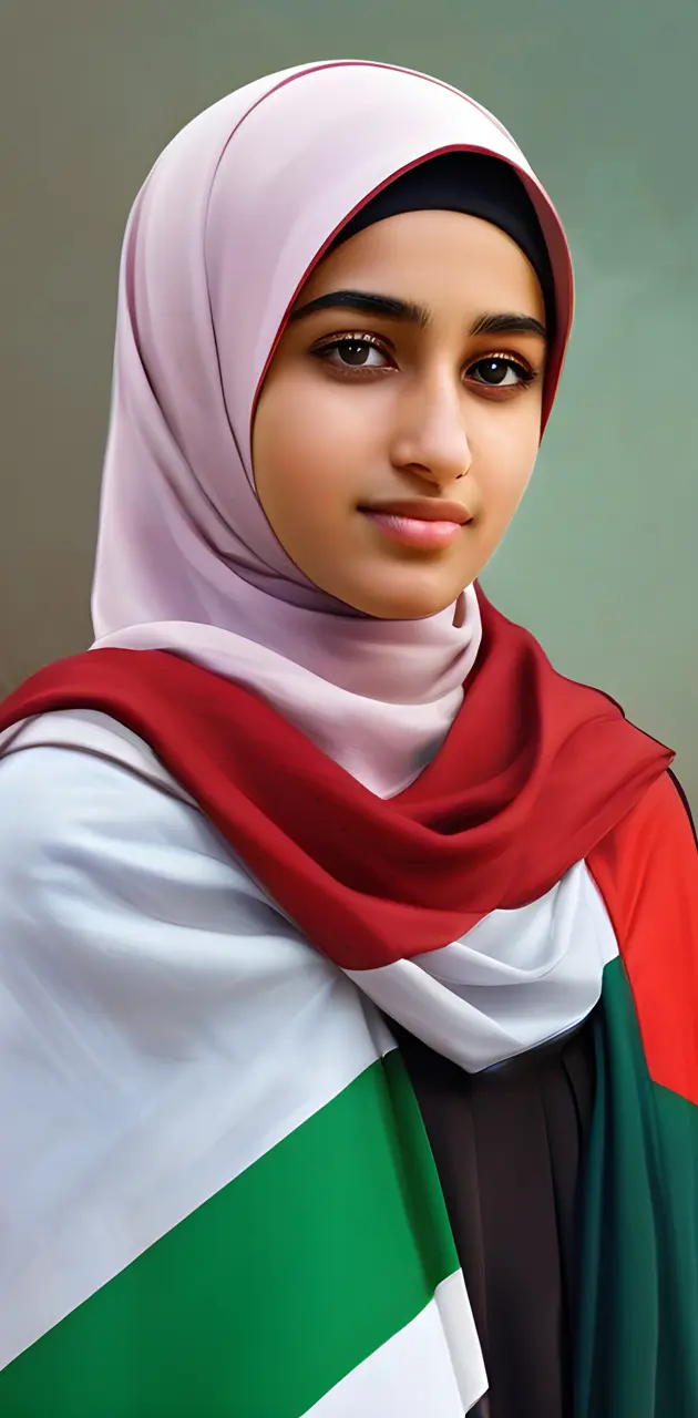 A young hijabi girl holding Palestine flag