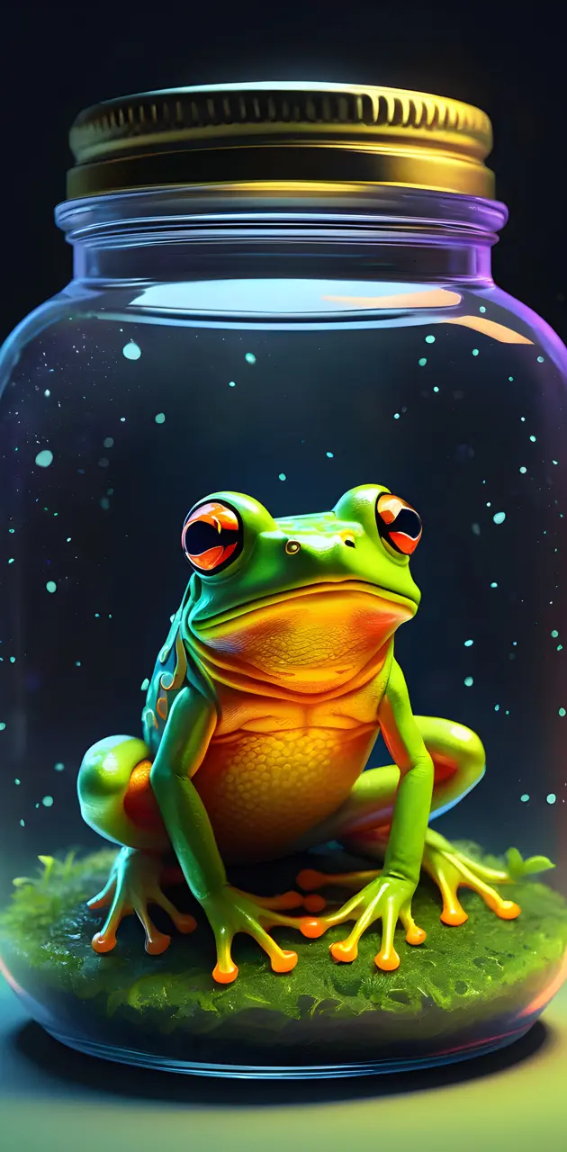 a green frog sitting on a glass jar