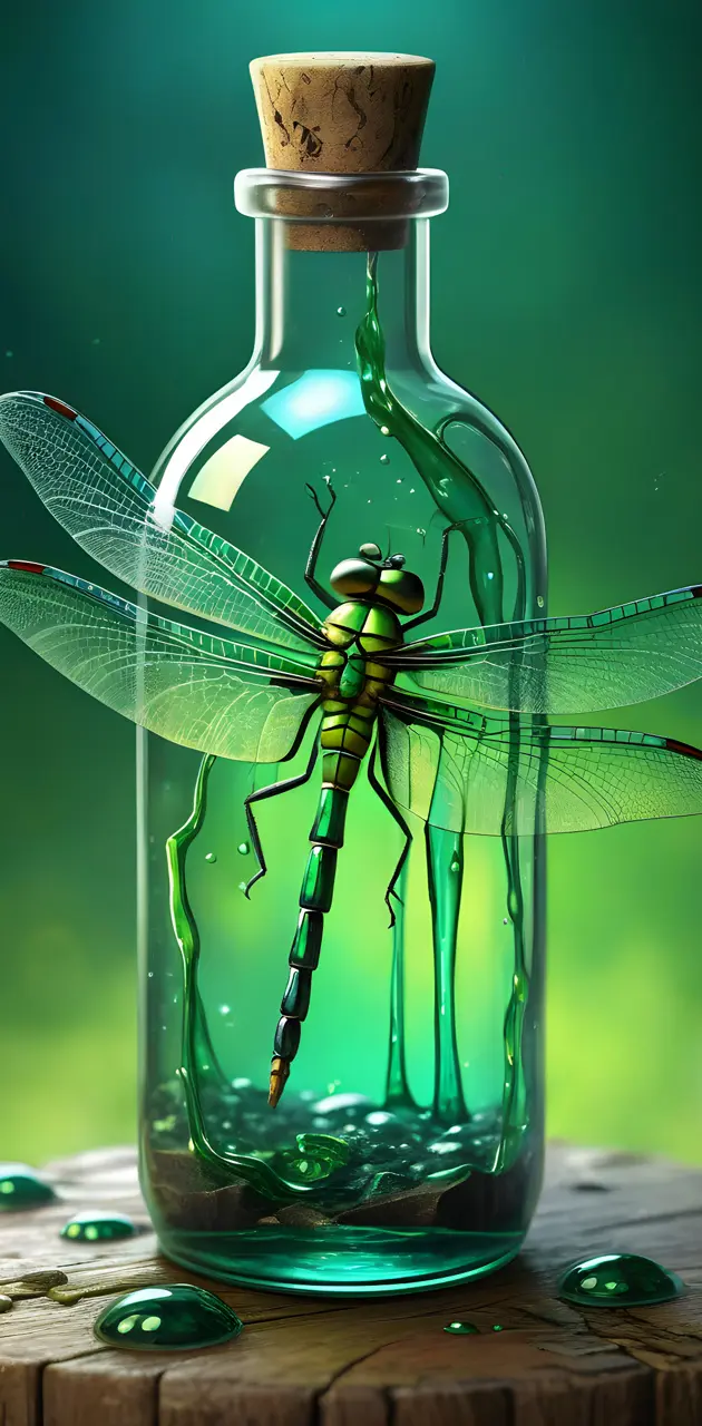 a glass boddle with a green dragonfly and liquid in it
