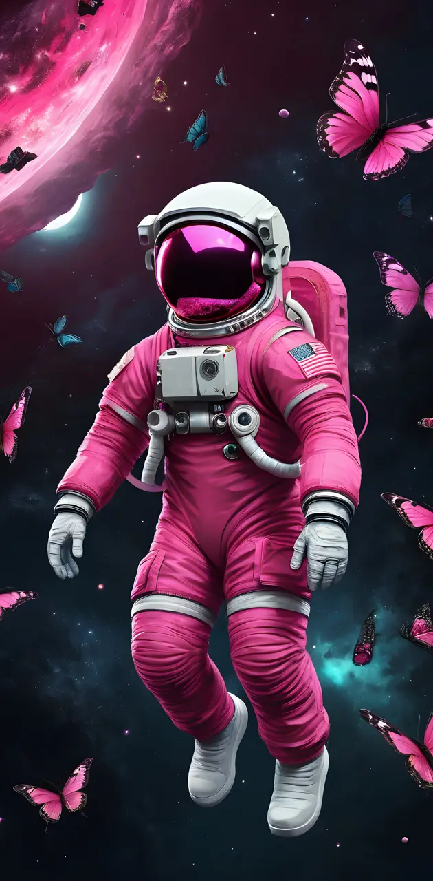 Pink Astronaut with Butterflies headed to a black hole