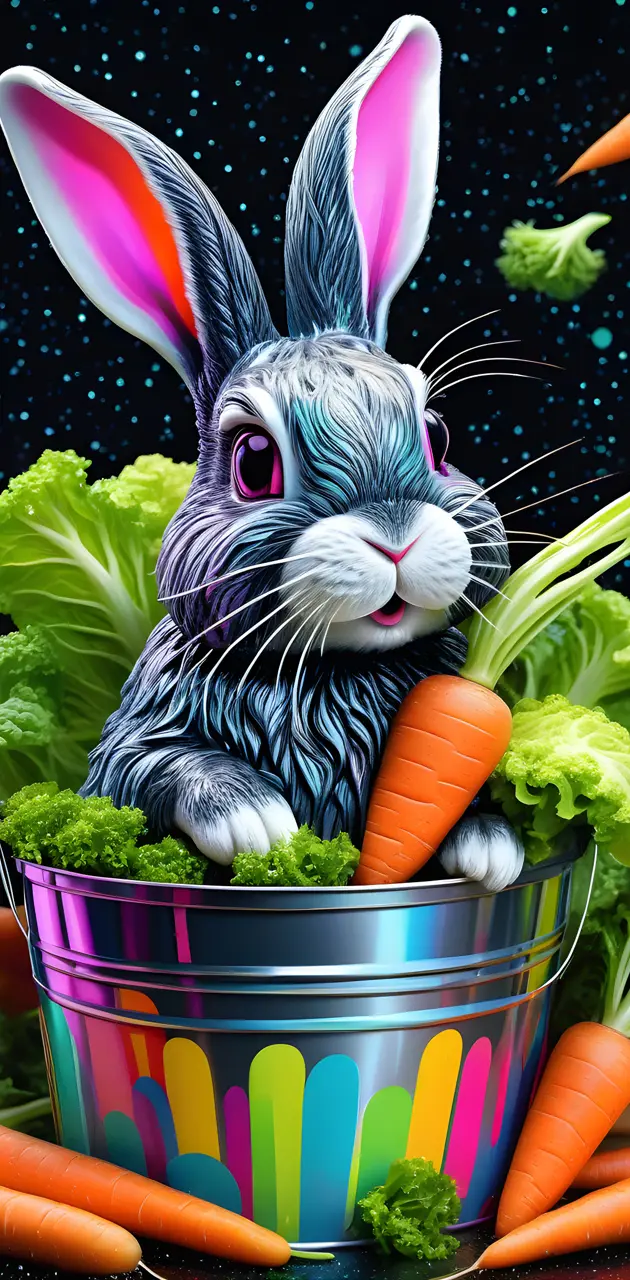 a bunny in a bucket of vegetables