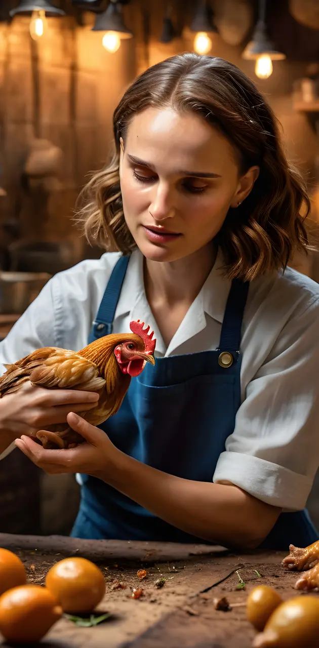 Natalie Portman tending to chickens