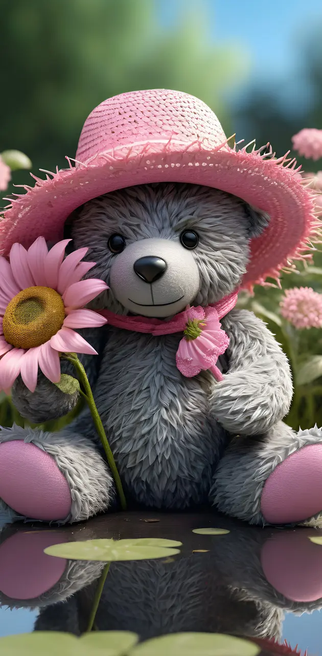 a stuffed animal in a hat and flower