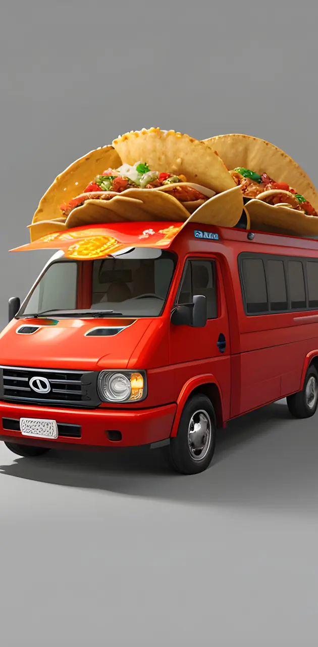 a van with a large stack of tacos on top