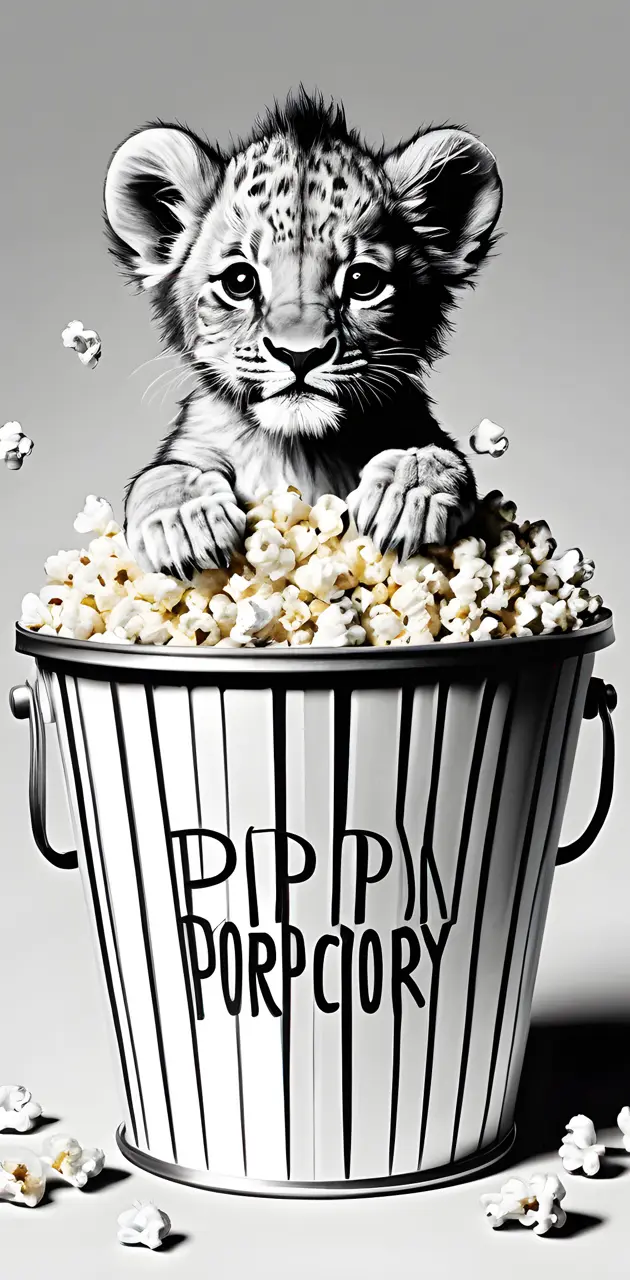 a cat in a bucket of popcorn