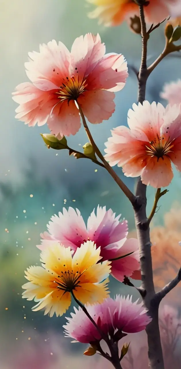 Many Beautiful Flowers in blossom, colourful, Above watercolor. Spring