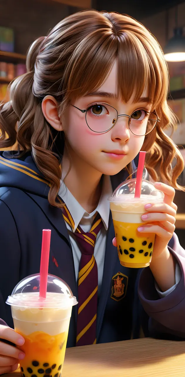 Hermione Granger drinking bubble tea