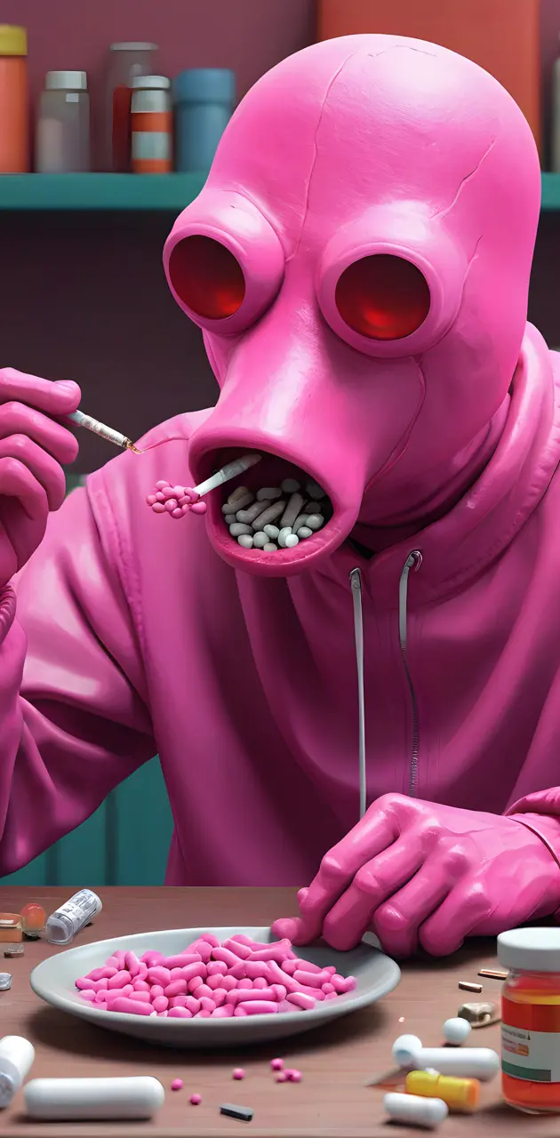 pink guy eating drugs
