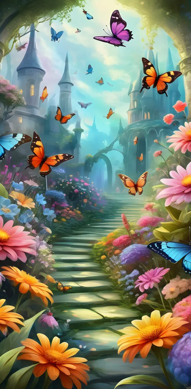 A beautiful garden with butterflies and a castle in the background