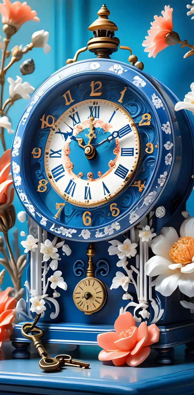 blue table clock and keys with flowers