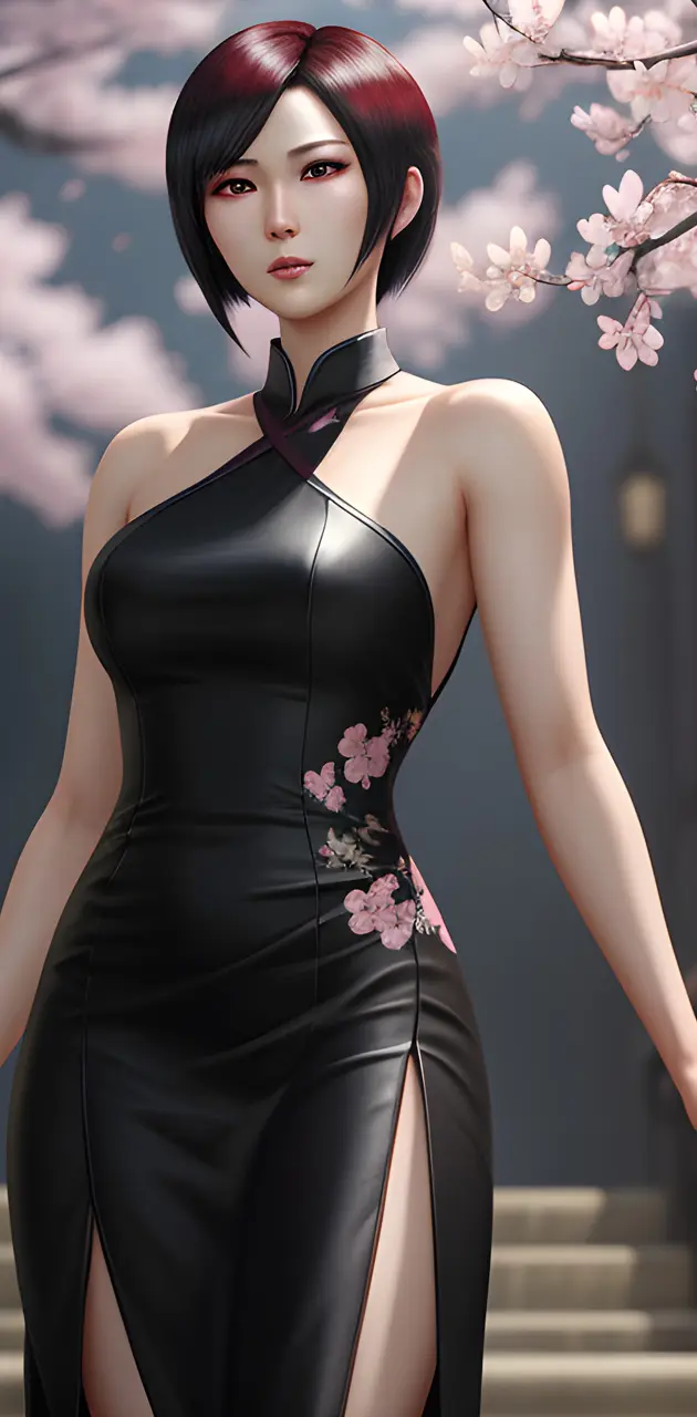 Ada Wong posing with cherry blossom trees in the background