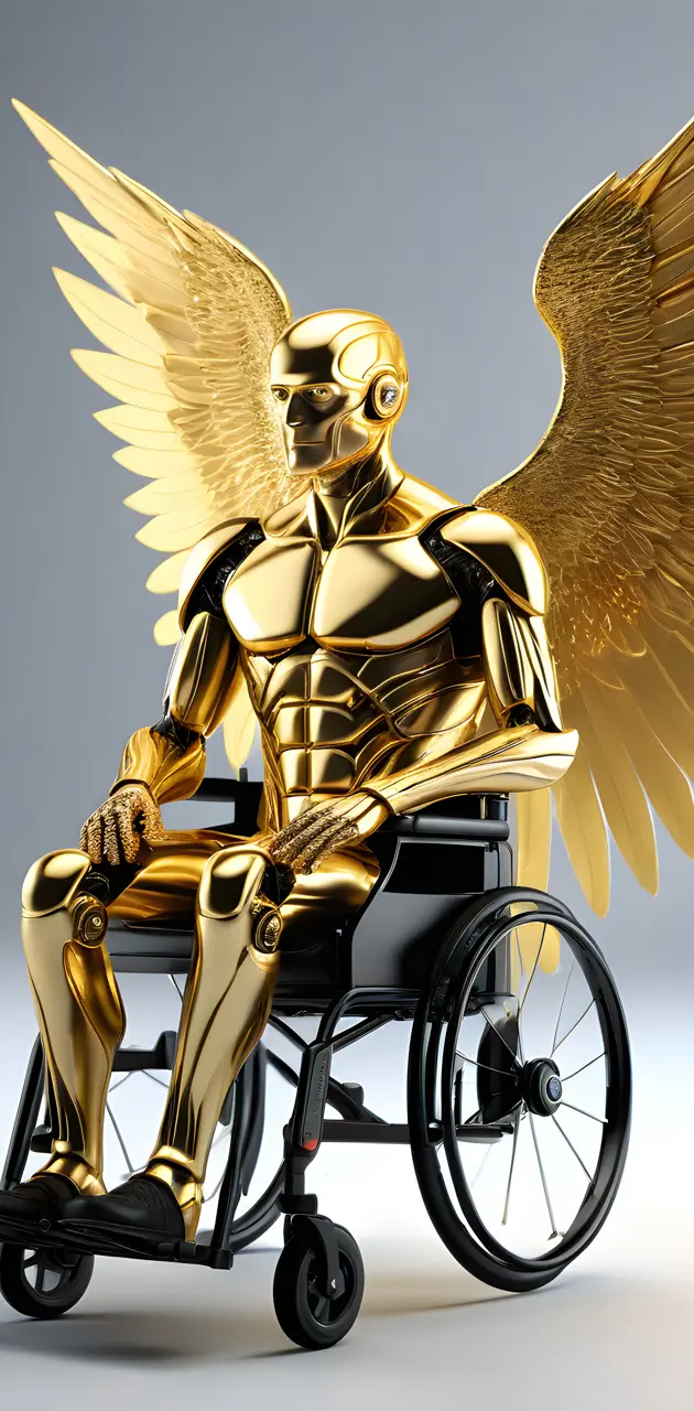golden robot with wings in a wheelchair