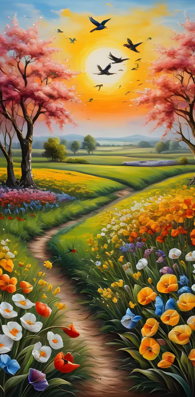 a field of flowers with trees and a yellow sky
